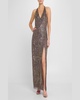 Beaded Side-Slit Halter Gown