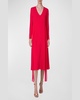 Waist-Tie Long-Sleeve Slit-Hem Chiffon Midi Dress