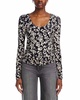scoop neck shirred long sleeve top in ditsy floral black