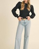 pointelle puff sleeve sweater in black