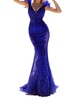 feather straps embroidered illusion dress in cobalt