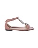 crystal embellished t-strap flat sandals in pink leather