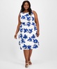 Plus Size Floral-Print Linen-Blend Fit & Flare Dress