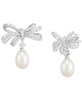 Cultured Freshwater Oval Pearl (11 x 9mm) & Cubic Zirconia Bow Drop Earrings in Sterling Silver