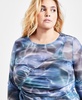 Trendy Plus Printed-Mesh Long-Sleeve Ruched Top, Exclusively at Macy's