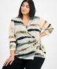 Plus Size 3/4-Sleeve Printed Mesh Top