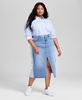 Plus Size Two-Toned Slit-Front Cut-Hem Denim Skirt, Exclusively at Macy's