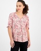 Petite Tie-Cuff Front-Pleated Printed Top