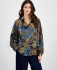 Women's Printed Satin Button Pleated-Sleeve Blouse