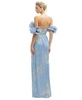 Womens Dramatic Ruffle Edge Convertible Strap Metallic Pleated Maxi Dress with Floral Gold Foil Print
