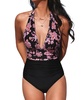 Women's Retro Boho Plunging Halterneck Tummy Control One-Piece