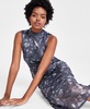 Women's Foil Mesh Mock Neck Sleeveless Midi Dress, Created for Macy's