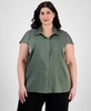 Plus Size Cap-Sleeve Satin Collared Blouse