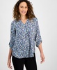 Petite Long-Sleeve V-Neck Pleat-Front Printed Tunic 