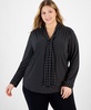 Plus Size Dot-Print Scarf-Neck Long-Sleeve Top