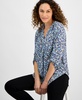 Petite Long-Sleeve V-Neck Pleat-Front Printed Tunic 