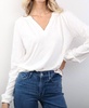 split neck long sleeve shirred tee in macadamia