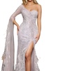 asymmetric high slit beaded gown in mauve