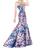 floral mermaid gown in navy blue floral print