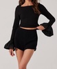 genessy contrast flounce sleeve top in black