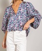 retro print v neck bubble sleeve blouse in blue