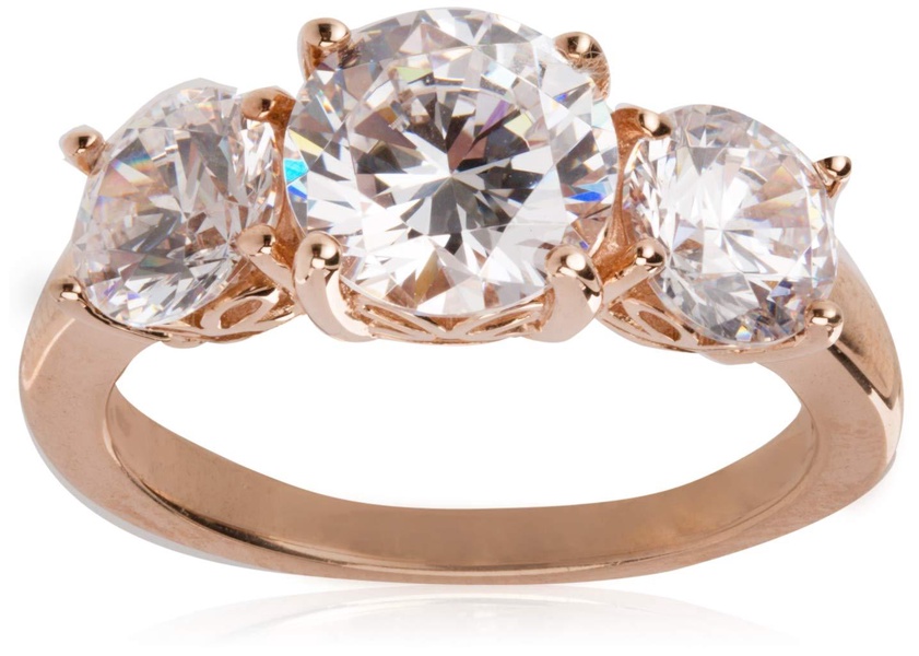 Amazon Essentials Rose-Gold-Plated Sterling Silver Round 3-Stone Ring made with Infinite Elements Cubic Zirconia (3 cttw), Size 7, (previously Amazon Collection)