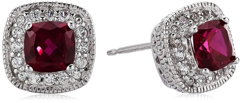 Amazon Essentials Sterling Silver Cushion Cut Birthstone and Created White Sapphire Halo Stud Earrings (previously Amazon Collection)