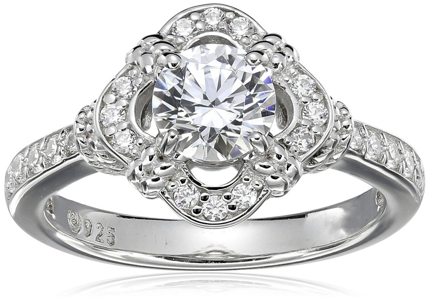 Amazon Essentials Sterling Silver Platinum Plated Infinite Elements Cubic Zirconia Framed Halo Antique Ring , (previously Amazon Collection)