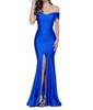 off shoulder front slit satin mermaid gown in royal