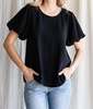 solid u-neck short puffed sleeved top in black