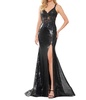 embroidered mesh sequin evening gown in black
