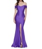 off shoulder front slit satin mermaid gown in violet