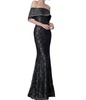 off the shoulder lace evening dress in black/gold