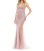 embellished sheer overlay evening gown in dusty rose