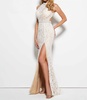 beaded lace gown with high side slit in ivory/nude