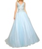 fit and flare ball gown with lace and bead applique in aqua