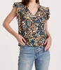 ray ruffle sleeve v-neck button closure top in multi print