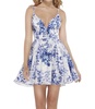 short floral satin party dress in white/royal