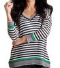 striped v-neck 3/4 sleeve sweater in black/white