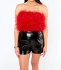 fancy strapless feather crop top in crimson