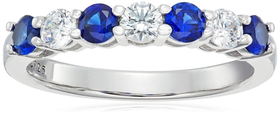 Amazon Essentials Platinum-Plated Sterling Silver Infinite Elements Cubic Zirconia 7-Stone Round-Cut and Created Sapphire Ring, (previously Amazon Collection)