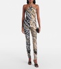 Printed embellished halter-neck crop top