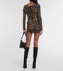 Floral-appliqué leopard-print miniskirt