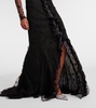 Bow-detail ruffled off-shoulder lace gown