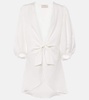 Puff-sleeve linen-blend blouse