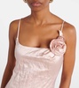 Floral-appliqué satin midi dress