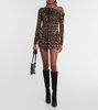 Floral-appliqué leopard-print miniskirt