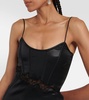 Lace-embroidered faux leather dress