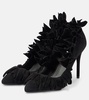 Petal ruffled suede pumps