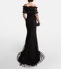 Bow-detail ruffled off-shoulder lace gown